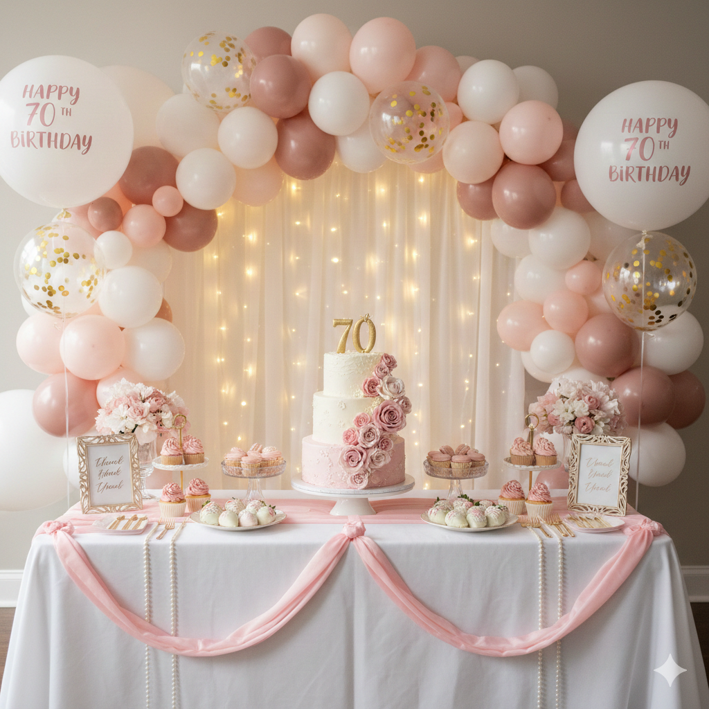 70 anni: scopri i colori perfetti per una festa chic 4 Allestimento elegante per tavolo torta 70° compleanno con palette rosa cipria e bianco, arco di palloncini decorativi, torta a piani con rose e sfondo luminoso."