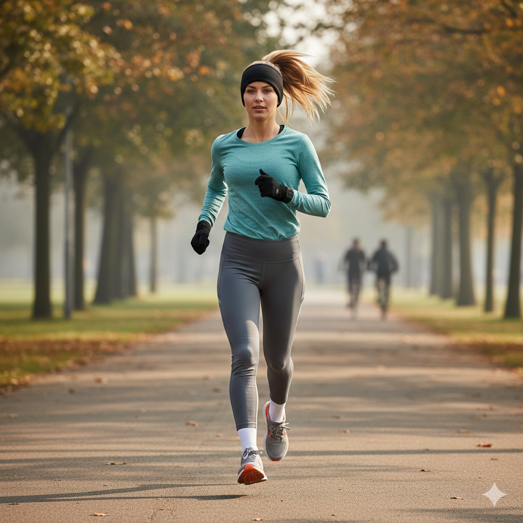 Donna che corre in un parco con 10 gradi indossando una maglia tecnica a maniche lunghe azzurra, leggings grigi a vita alta, fascia per le orecchie e guanti leggeri