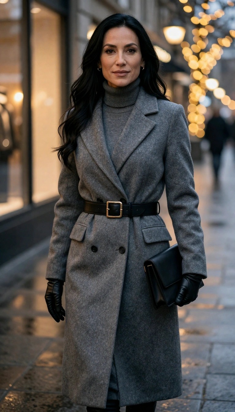 Donna over 40 con cappotto grigio cinturato dolcevita e guanti in pelle per un look elegante da appuntamento serale invernale in città