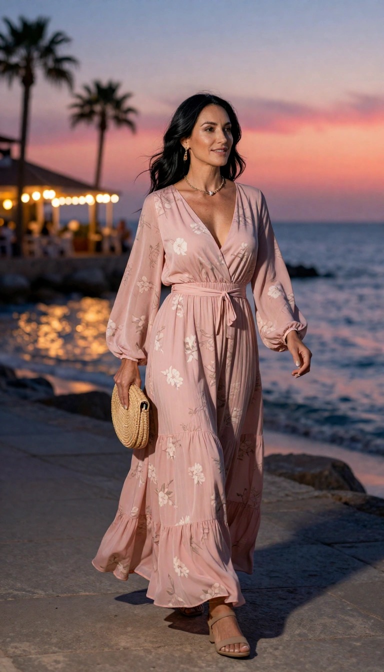 Donna over 40 con maxi dress rosa floreale e borsa in rafia per un look boho romantico da appuntamento di sera sul lungomare al tramonto
