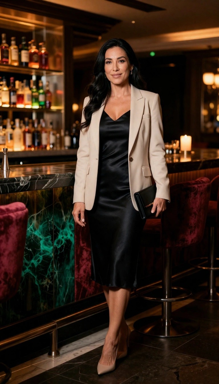 Donna over 40 con slip dress nero in raso e blazer beige per un look elegante da appuntamento di sera al bar