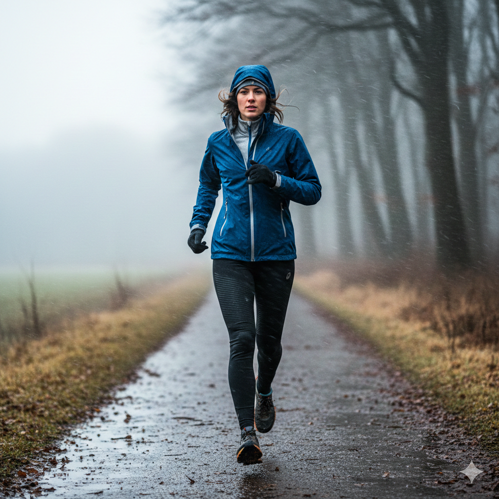 Donna che corre su un sentiero bagnato in inverno indossando una giacca tecnica antivento blu, leggings termici neri e abbigliamento sportivo multistrato per pioggia e freddo.