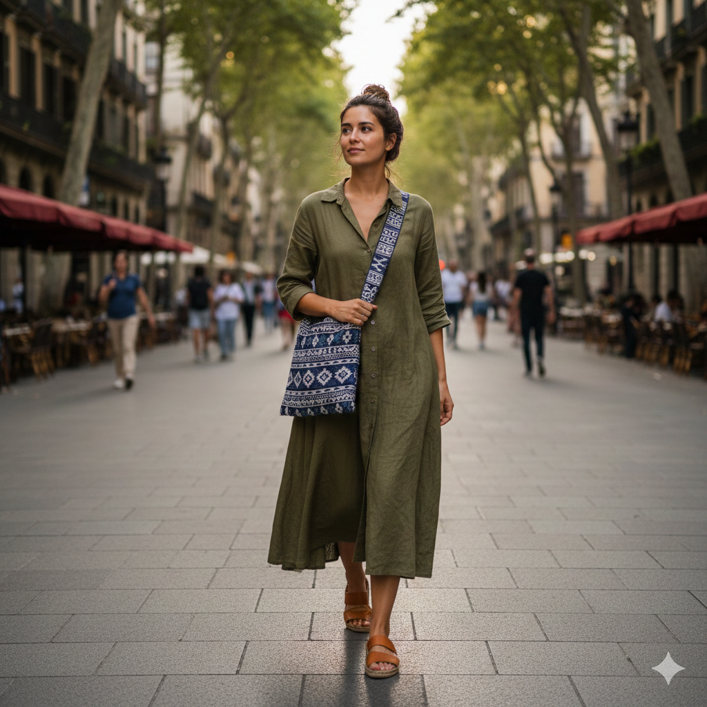 Donna che cammina sulla Rambla di Barcellona indossando un vestito midi in lino verde oliva, sandali bassi e una borsa a tracolla in tessuto decorato."