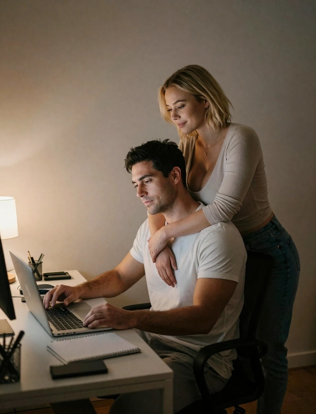 Frasi che fanno piacere a un uomo: come fargli sentire stima 3 Donna che abbraccia il partner mentre lavora al computer e gli offre supporto e incoraggiamento