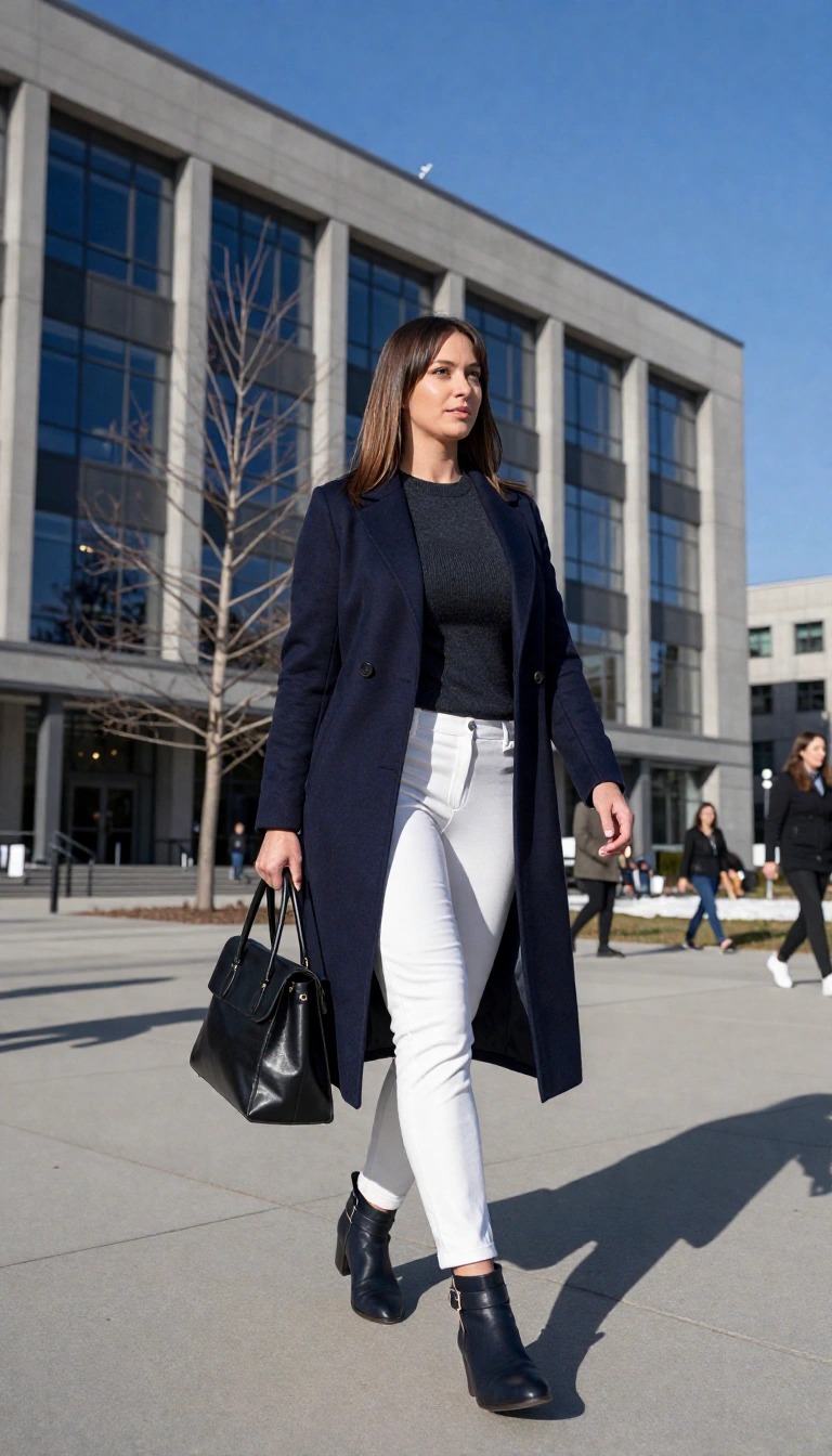 Donna con jeans bianchi skinny, maglia grigia e cappotto blu lungo che cammina in città con borsa nera, outfit invernale da ufficio