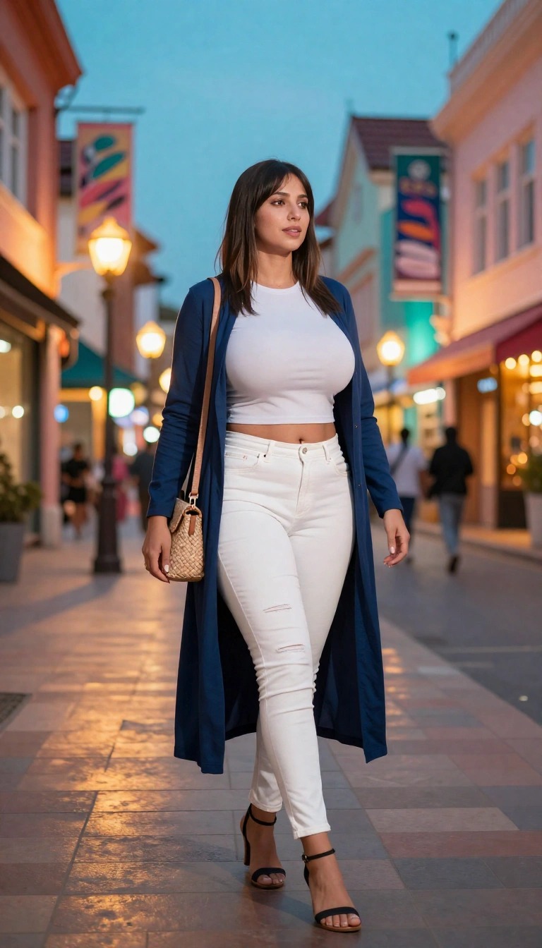 Donna con jeans bianchi skinny, top bianco corto e cardigan lungo blu che passeggia in città di sera con sandali neri