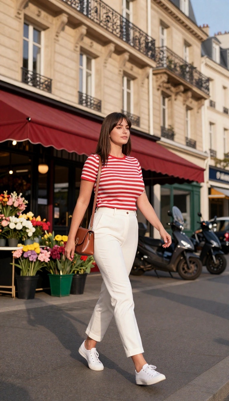 Donna con jeans bianchi, maglietta a righe rosse e sneakers bianche che passeggia in città, outfit parigino casual chic con borsa marrone