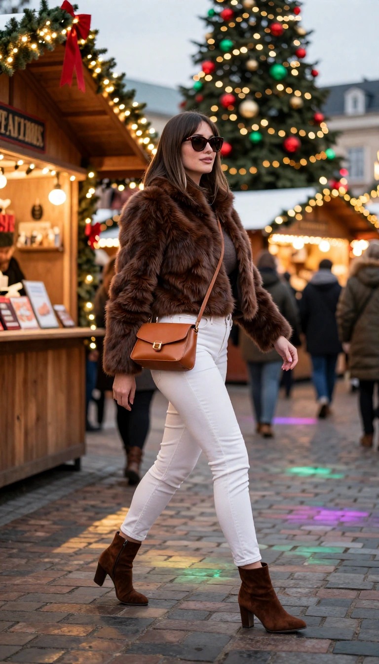 Donna con jeans bianchi skinny, pelliccia ecologica marrone e stivaletti in camoscio che passeggia ai mercatini di Natale