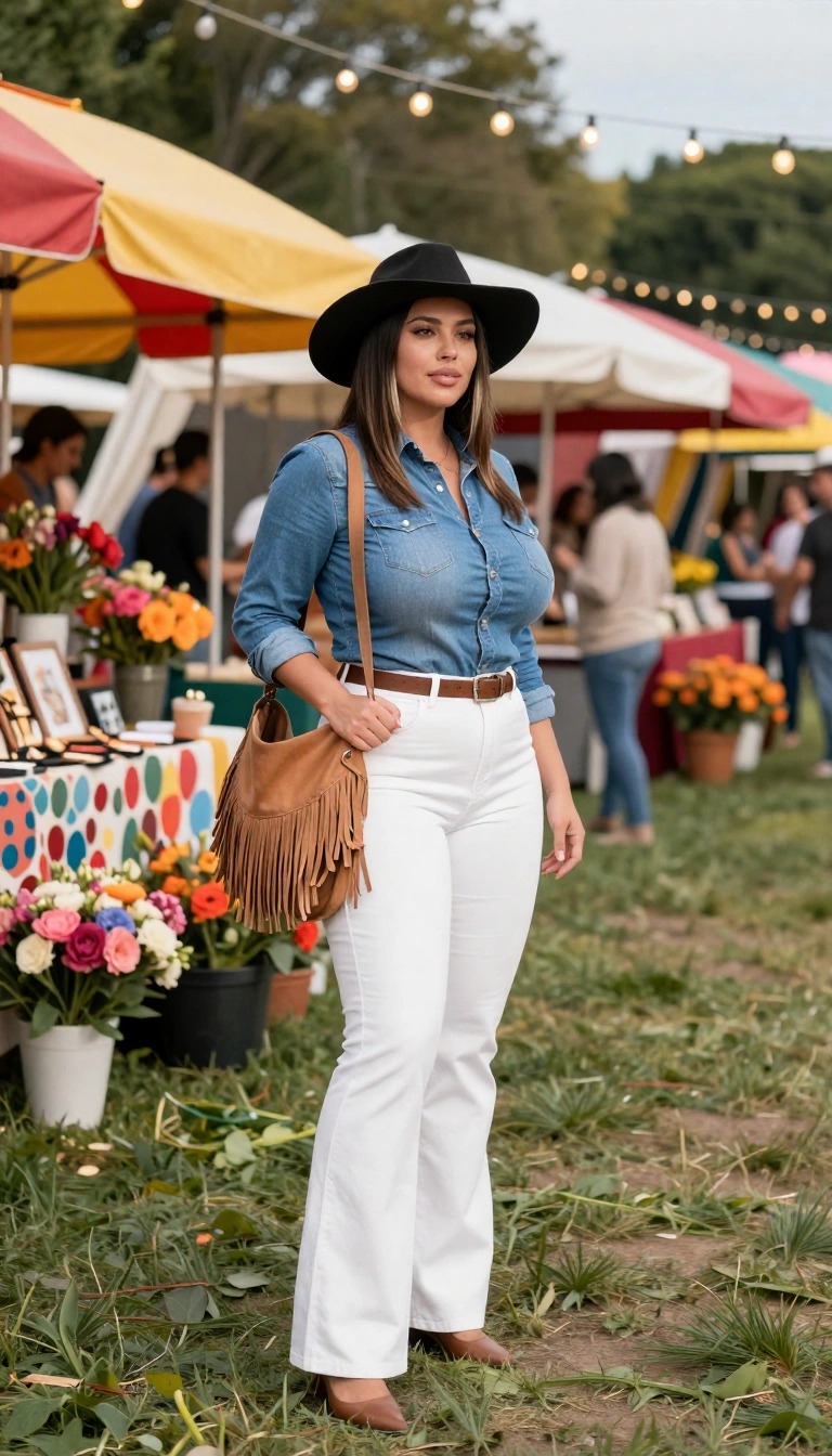 Donna con jeans bianchi svasati, camicia di jeans, borsa con frange e cappello nero a tesa larga, outfit country chic a un mercato all’aperto
