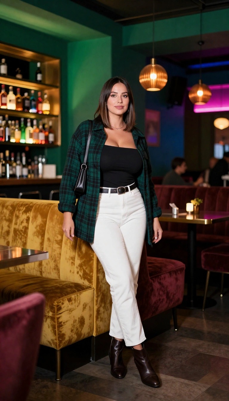 Donna con jeans bianchi, top nero e giacca verde a quadri in un locale, outfit da sera casual chic
