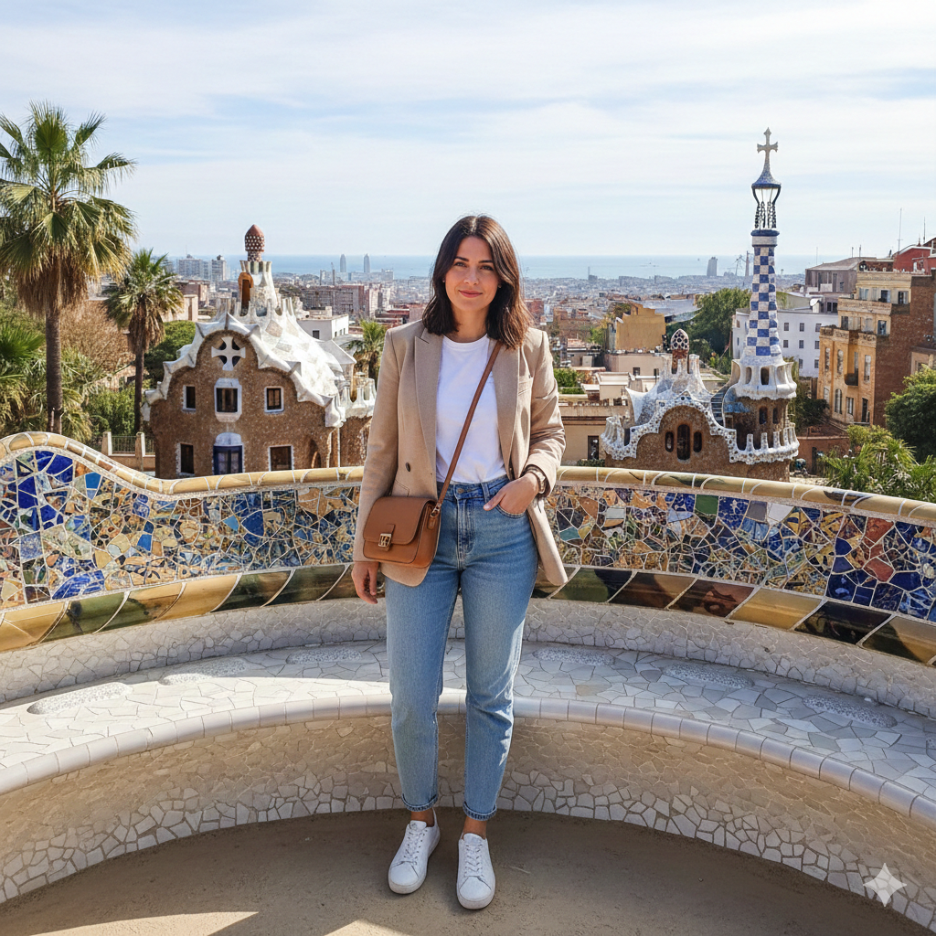 Una donna con outfit casual chic composto da blazer beige, t-shirt bianca e jeans a vita alta posa sulla panchina a mosaico del Parc Güell a Barcellona, con vista panoramica sulla città.
