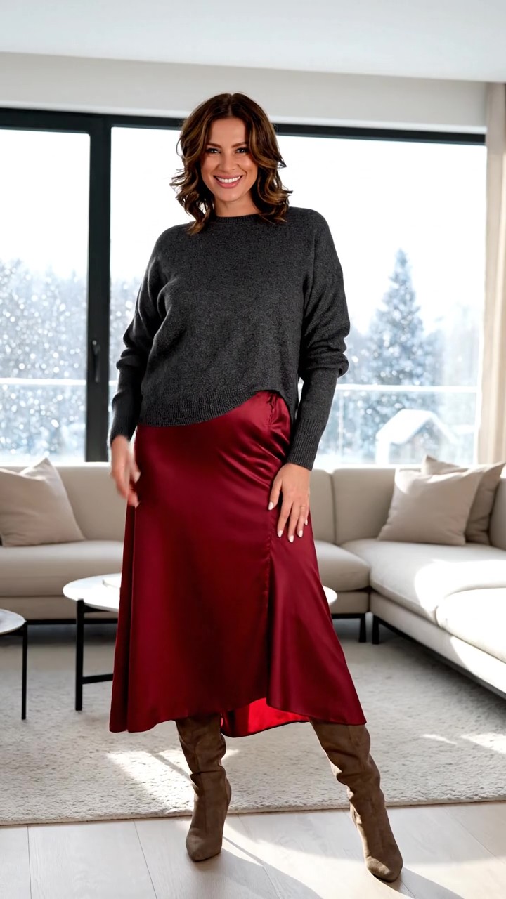 Look femminile invernale con gonna midi in satin bordeaux, maglione grigio in cashmere e stivali alti scamosciati.