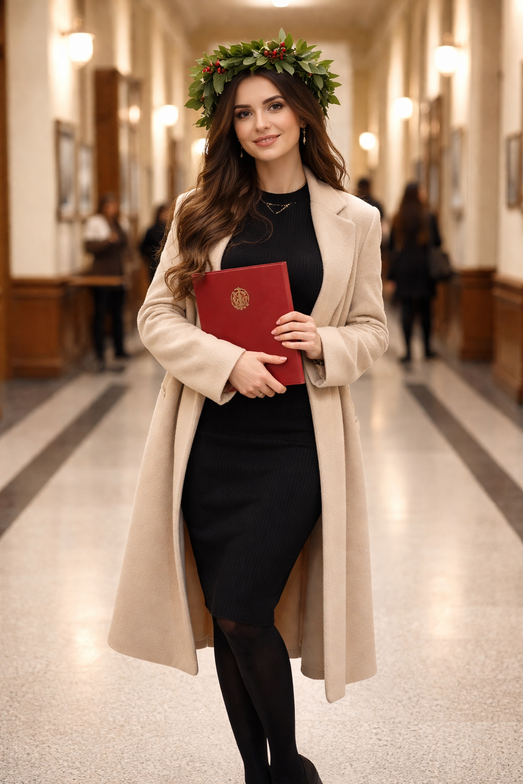 Laureanda con abito nero aderente, cappotto cammello e corona d’alloro che tiene la tesi nel corridoio dell’università