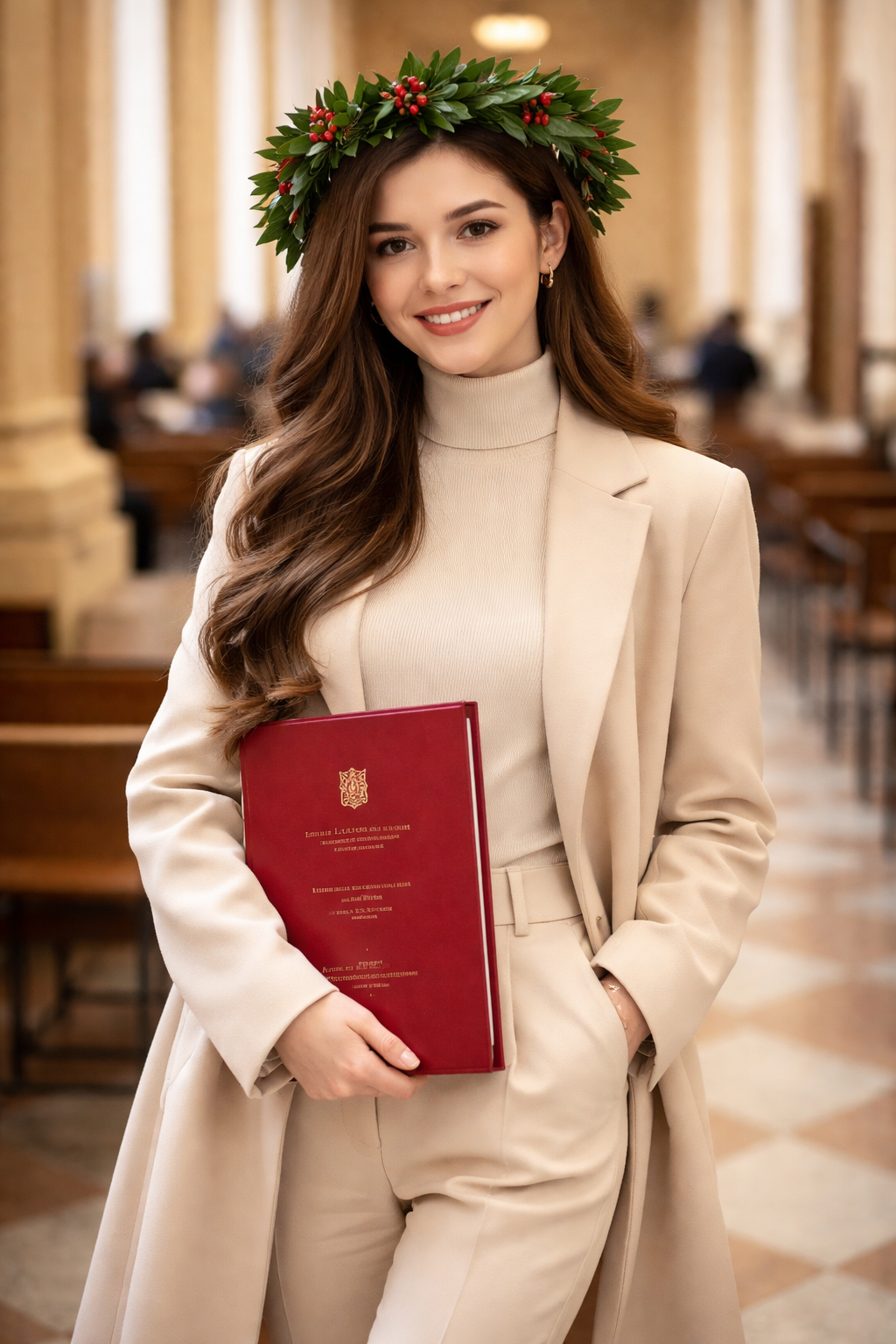 Laureanda con tailleur beige tono su tono, dolcevita chiaro e corona d’alloro che tiene la tesi rossa in aula universitaria