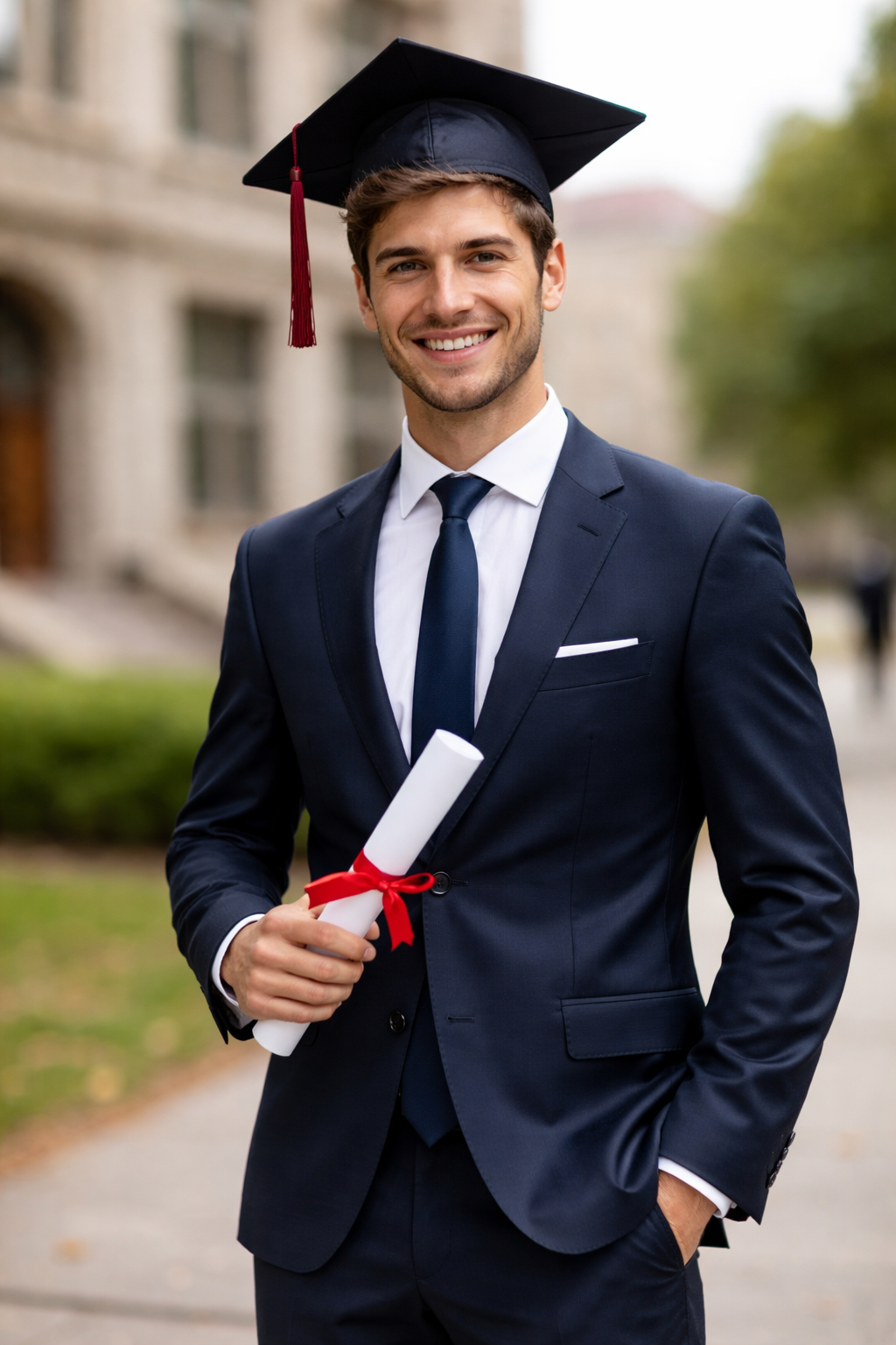 Laureando con completo blu elegante, cravatta coordinata e tocco in testa che tiene la pergamena davanti all’università