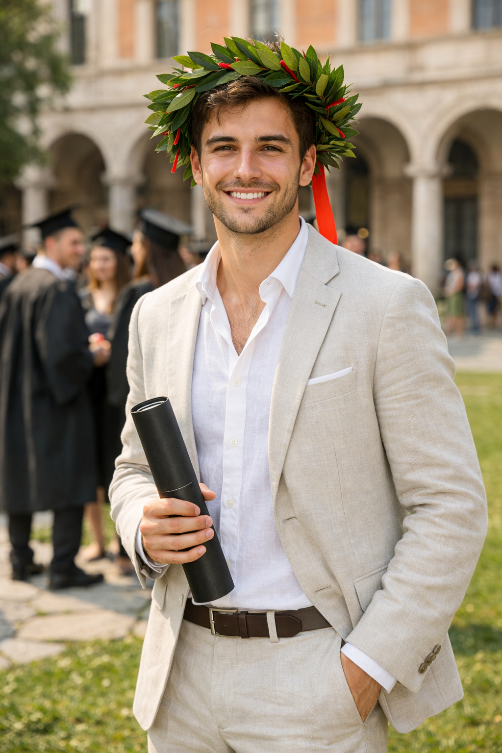 Laureando con corona d’alloro e completo in lino chiaro che tiene la pergamena nel giardino dell’università durante la cerimonia di laurea