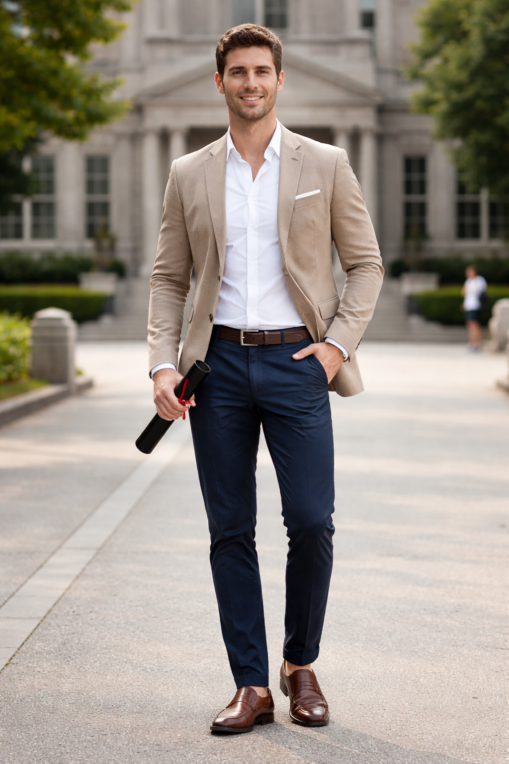 Outfit laurea uomo smart casual con blazer beige, camicia bianca, pantaloni blu e mocassini marroni davanti all’università