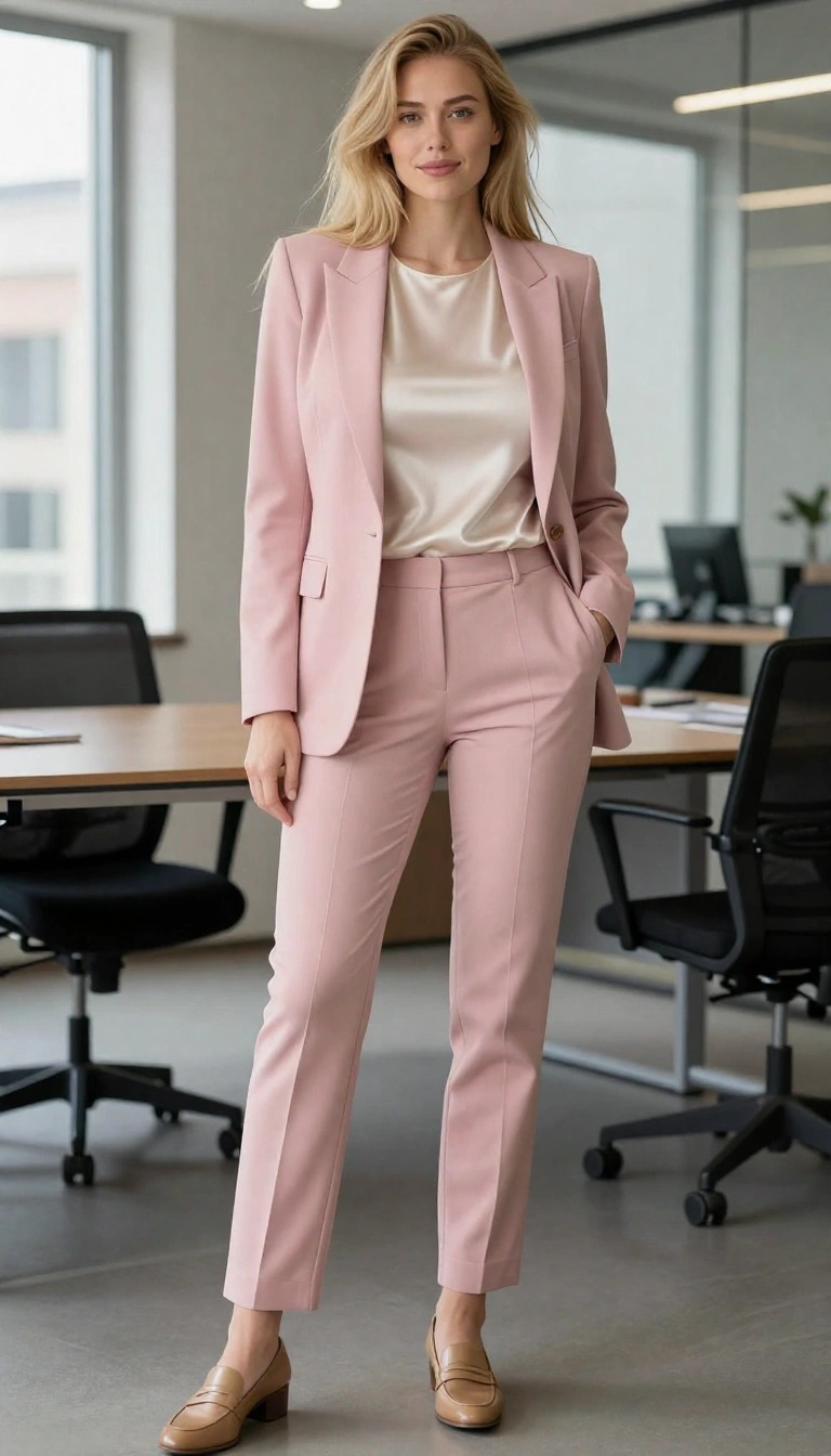 Donna con tailleur rosa e top in seta color panna, mocassini in pelle, look raffinato e moderno per il giorno.