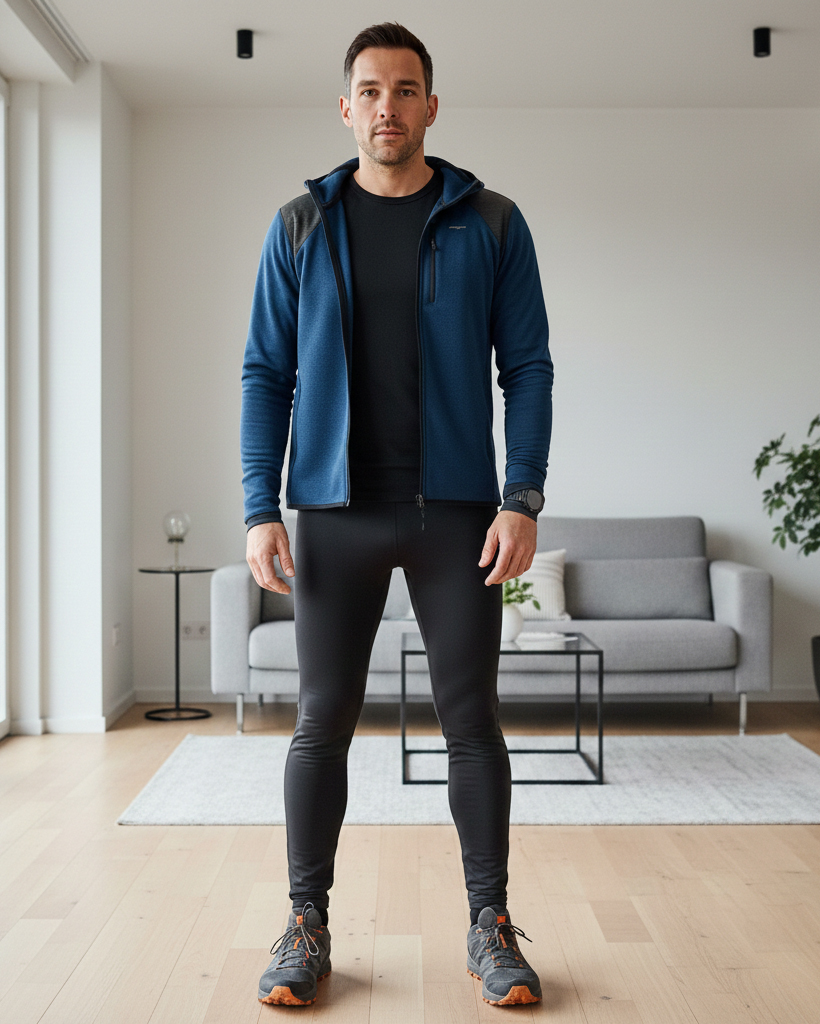 Uomo in piedi in un appartamento moderno con outfit da corsa invernale: maglia termica nera a girocollo, felpa blu con zip aperta e cappuccio, pantaloni tecnici neri e scarpe da trail running