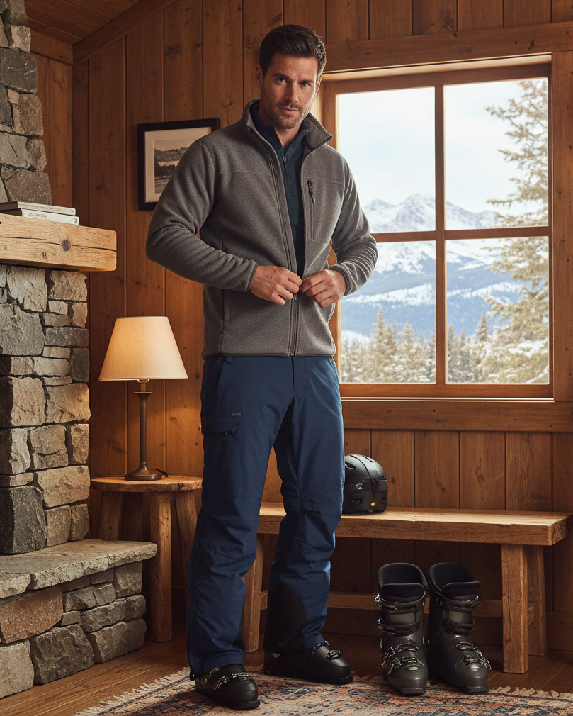 Uomo in una baita di legno mentre indossa una felpa in pile grigia e pantaloni da sci blu, con scarponi e sci sullo sfondo, pronto per sciare.