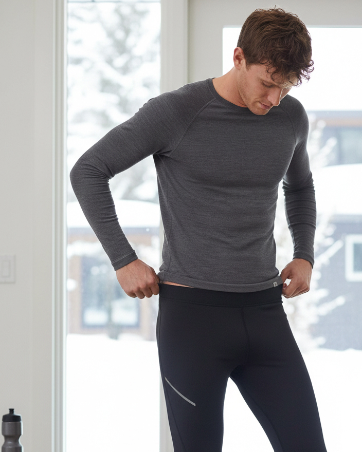 Uomo che si prepara per correre in inverno indossando una maglia termica a maniche lunghe grigia e pantaloni tecnici da running in un interno luminoso.