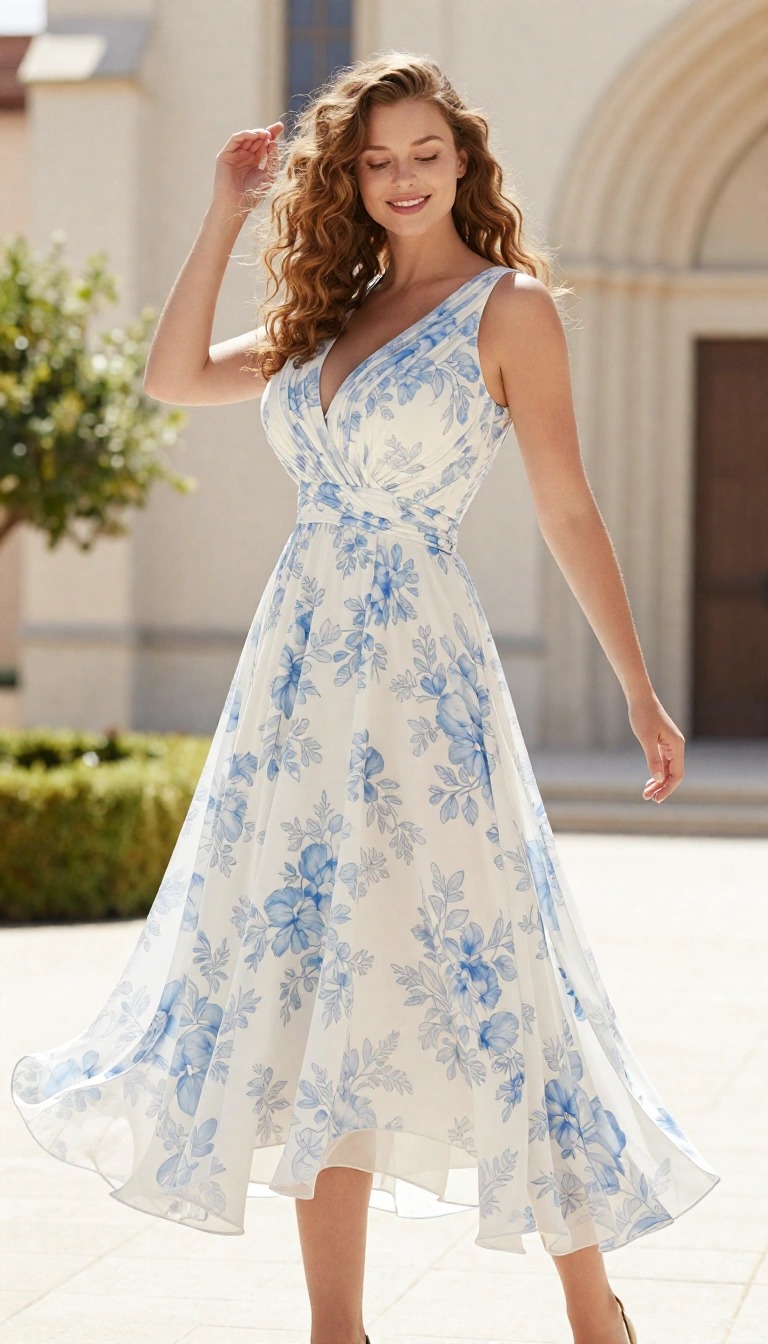 Outfit invitata battesimo con abito midi floreale azzurro su fondo chiaro e gonna leggera