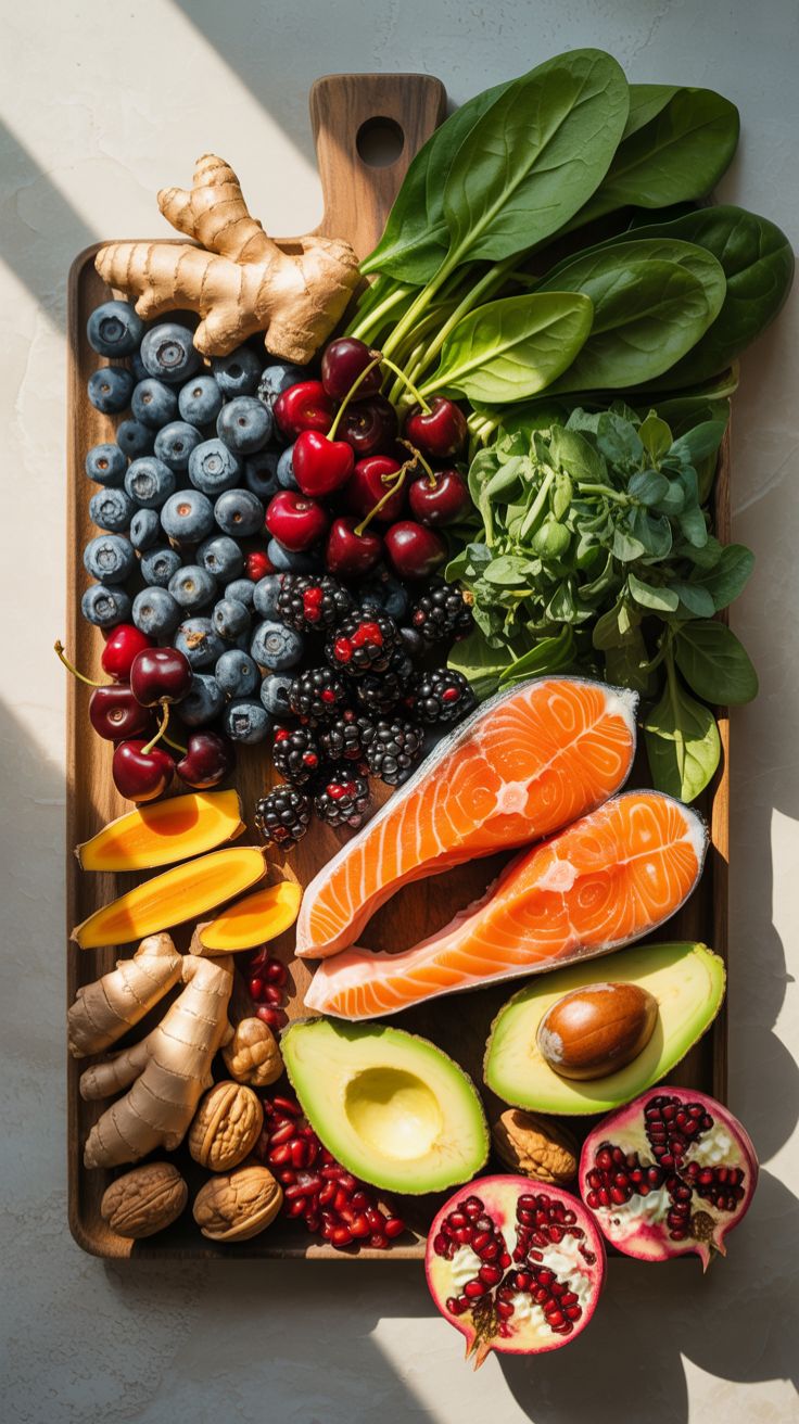 Inquadratura dall'alto di un tagliere di legno con alimenti freschi e anti-stress: salmone, avocado, mirtilli, spinaci, noci e melograno, tutti ingredienti utili per una dieta mirata ad abbassare il cortisolo in modo naturale.