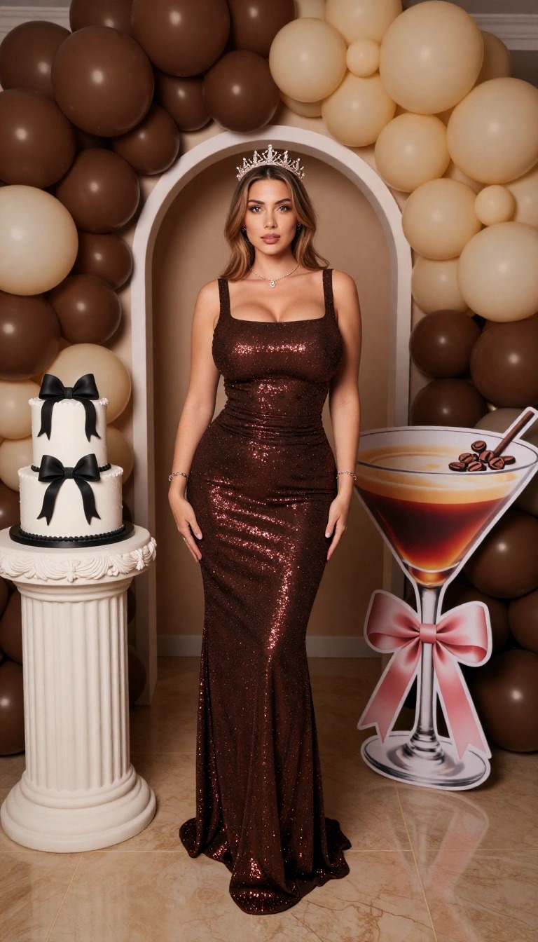 10 Outfit Festeggiata Compleanno: Look Chic per la tua Festa 14 Outfit compleanno festeggiata con vestito lungo aderente in paillettes marrone, look elegante e glamour con corona per festa di compleanno