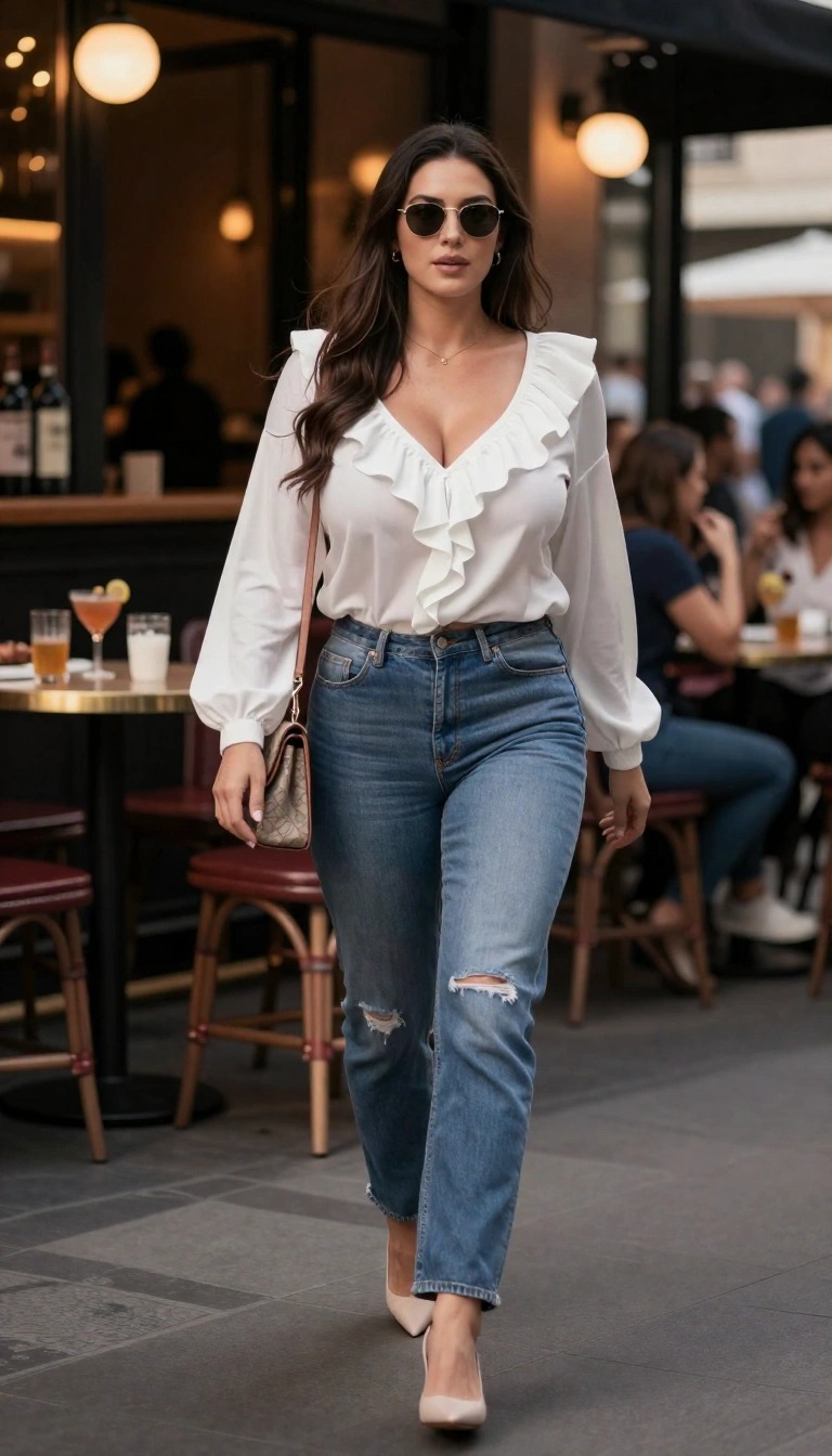 Outfit boho donna: 16 look irresistibili da provare 9 Donna con blusa bianca con volant e jeans blu cammina in città con look casual chic davanti a un locale.