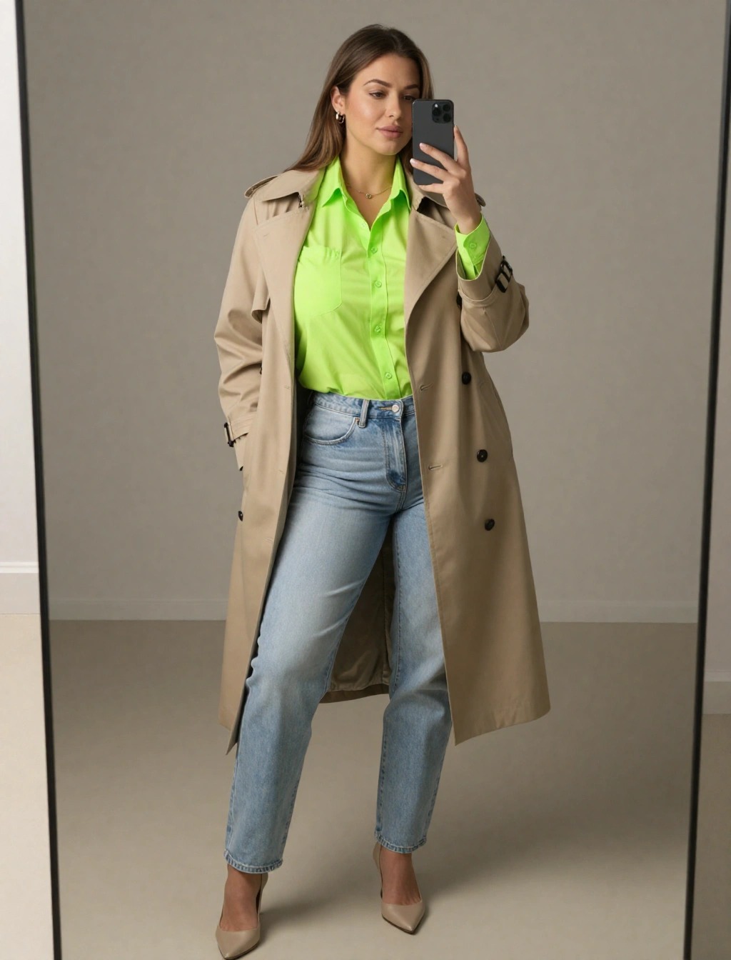 Donna davanti allo specchio con camicia verde fluo, trench beige lungo, jeans chiari e décolleté nude, outfit primaverile raffinato