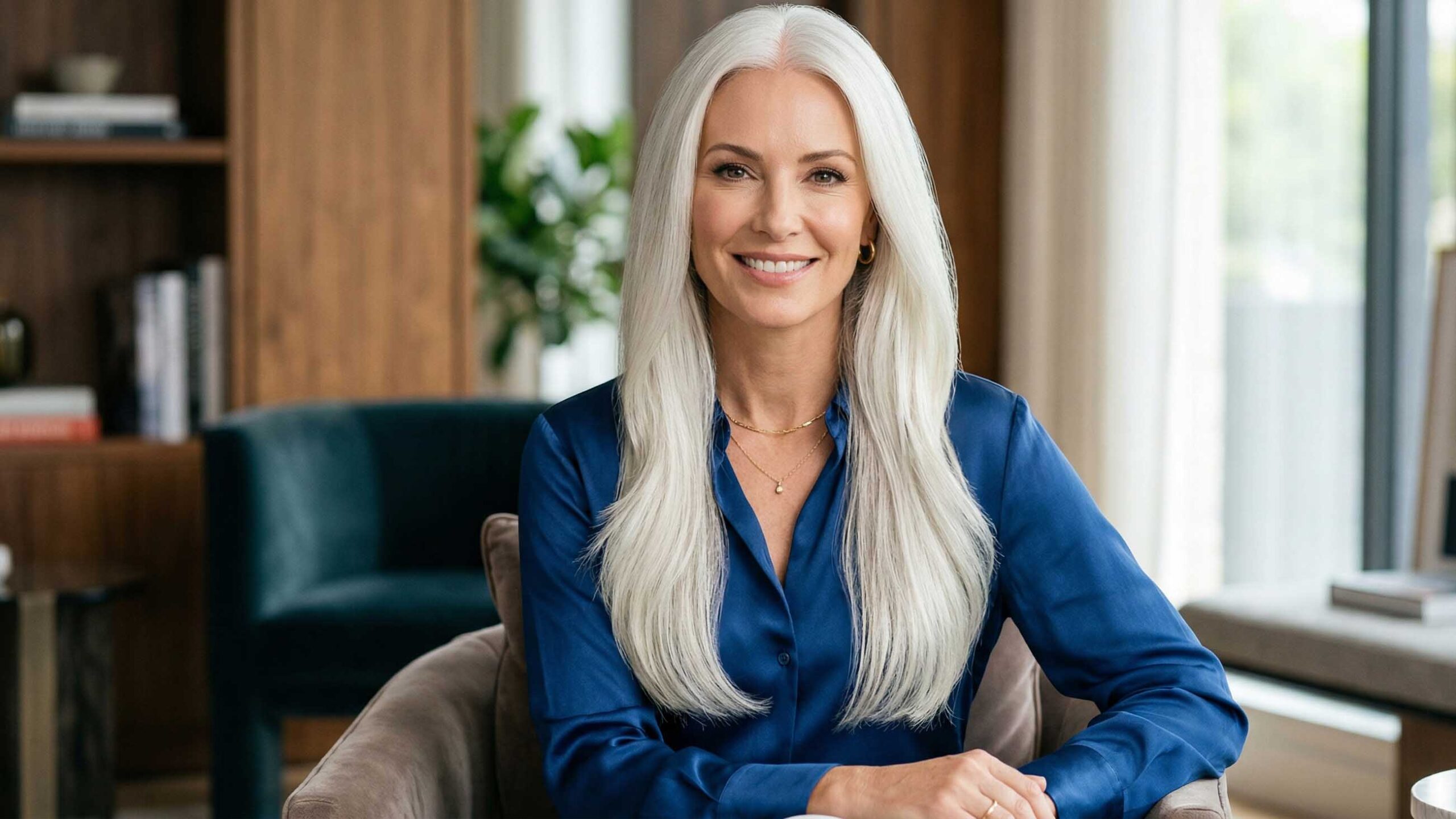 Donna con capelli bianchi lunghi e curati, look sofisticato.