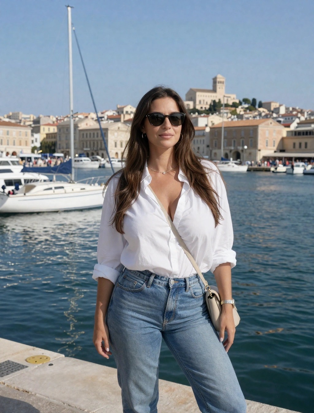 Come vestirsi a Marsiglia in primavera: donna con camicia bianca e jeans al porto, outfit casual chic per visitare la città