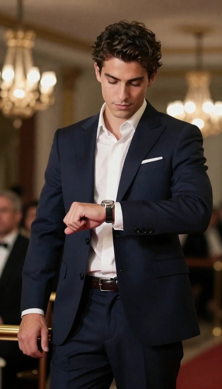 11 Outfit Ragazzo Festa 18 Anni: Idee e Look per la tua Festa 11 Un giovane uomo indossa un completo blu navy sartoriale con una camicia bianca aperta sul collo, in posa per un outfit da festa di 18 anni elegante all'aperto.