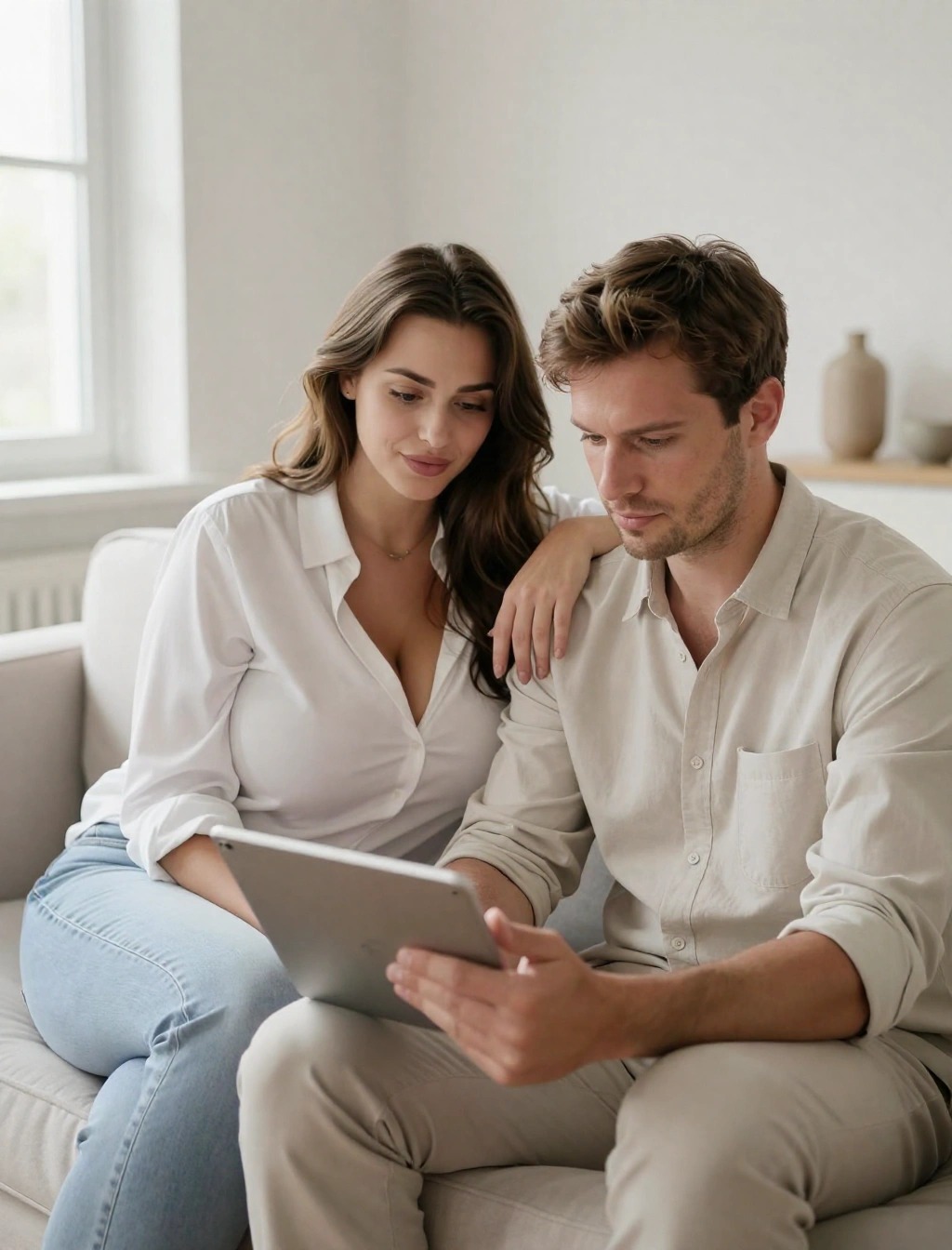 Donna e uomo seduti sul divano che guardano un tablet e pianificano insieme il futuro, esempio di valori condivisi e progettualità in coppia