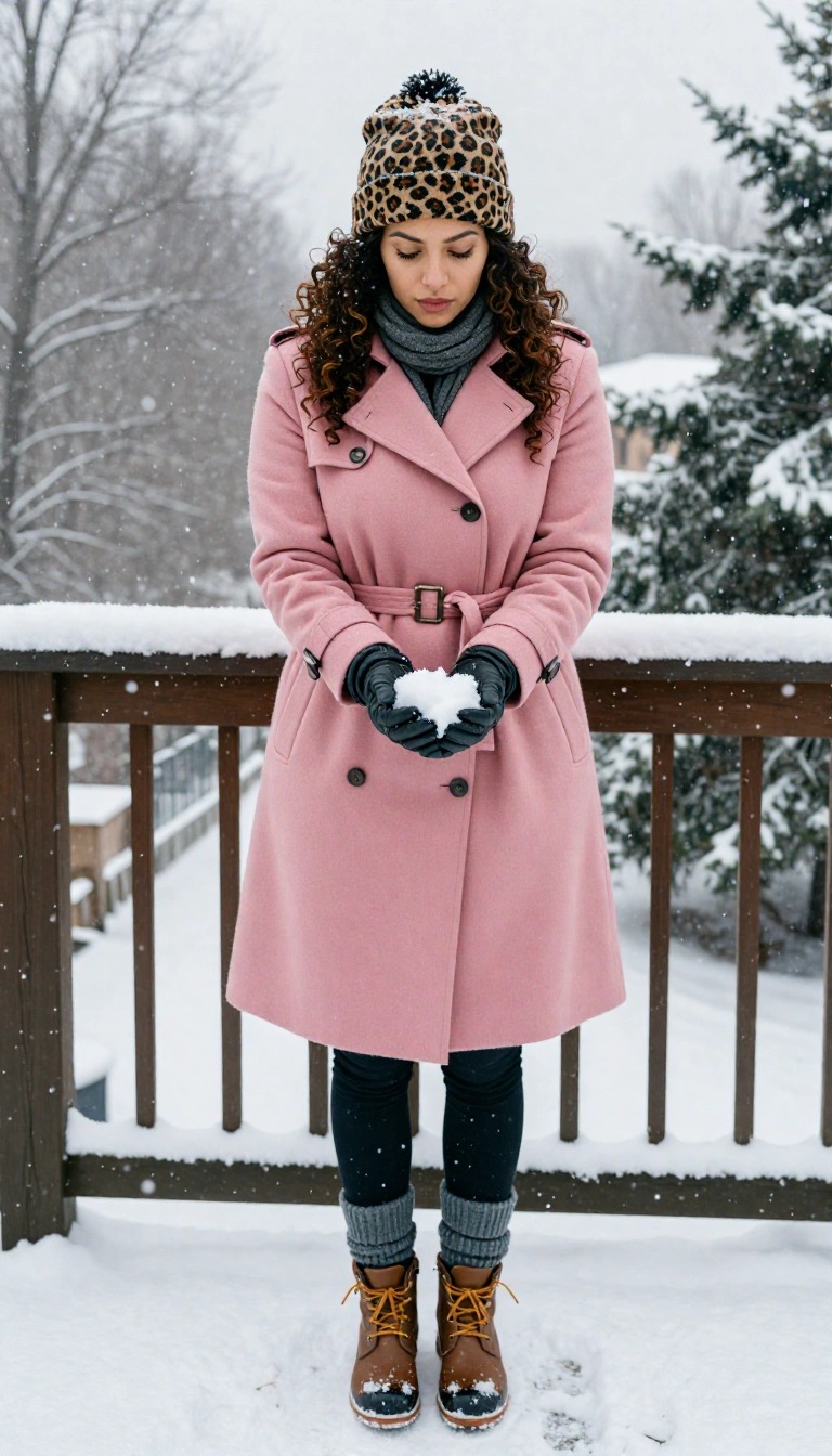 Donna in montagna con cappotto rosa e berretto leopardato seduta sulla neve: suggerimenti su cosa indossare sulla neve.