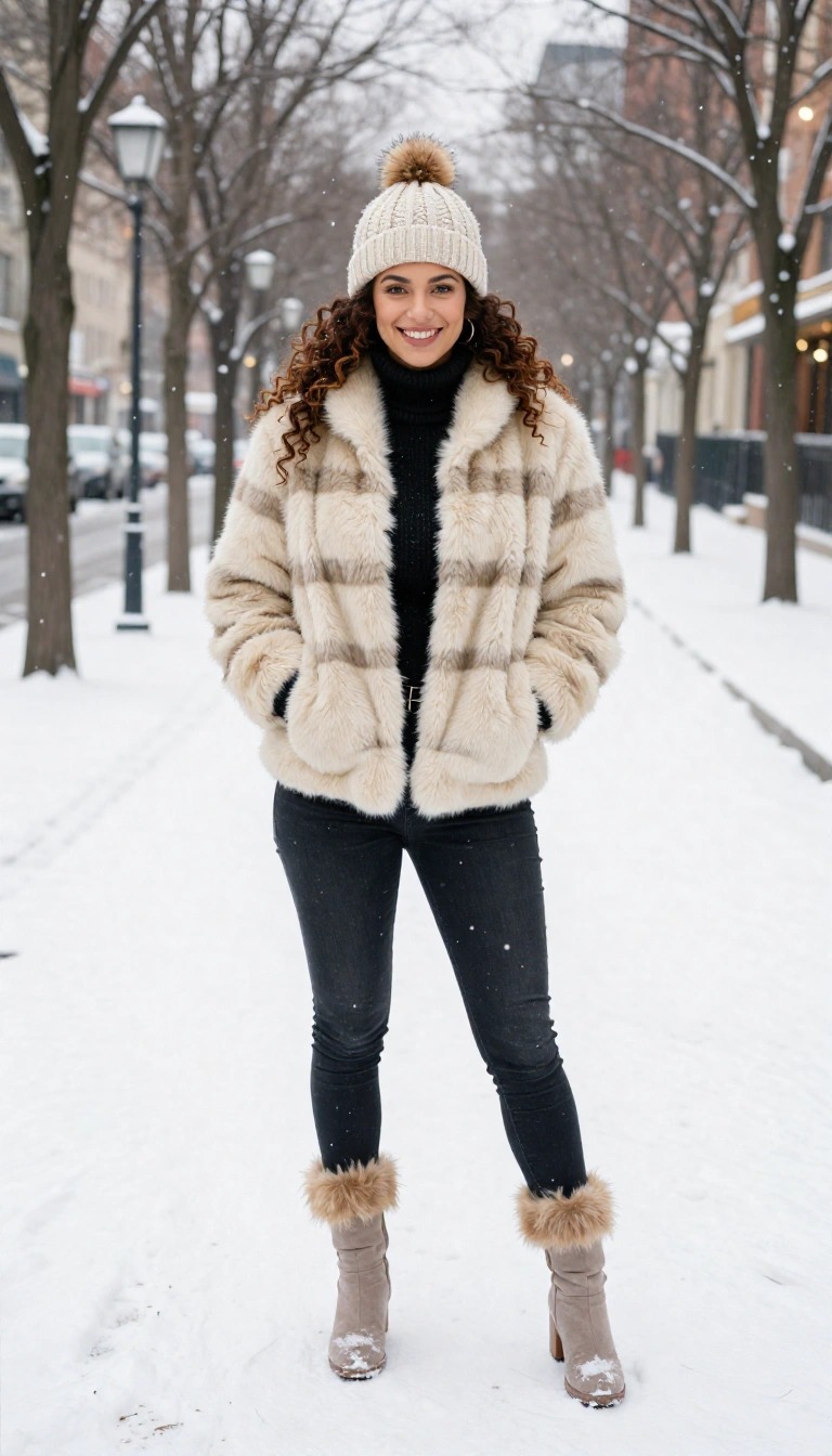Donna vista di spalle mentre cammina in un bosco innevato, indossando una giacca in ecopelliccia a righe beige, leggings neri e stivali da neve grigi con pelo: consigli su cosa indossare sulla neve.