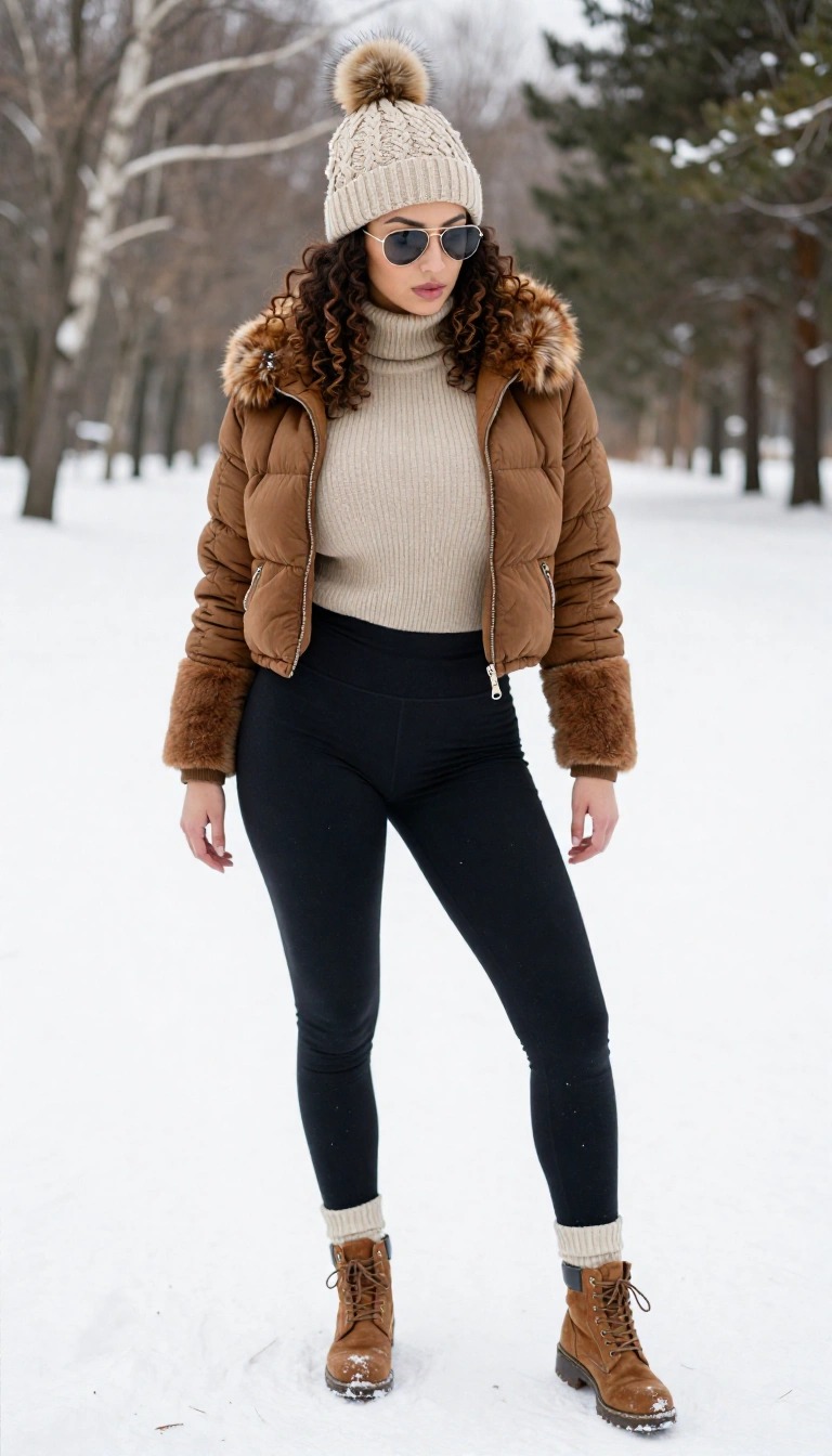 Donna sorridente sulla neve con una giacca in finta pelliccia marrone, maglione beige e berretto nero: suggerimenti su cosa indossare sulla neve.