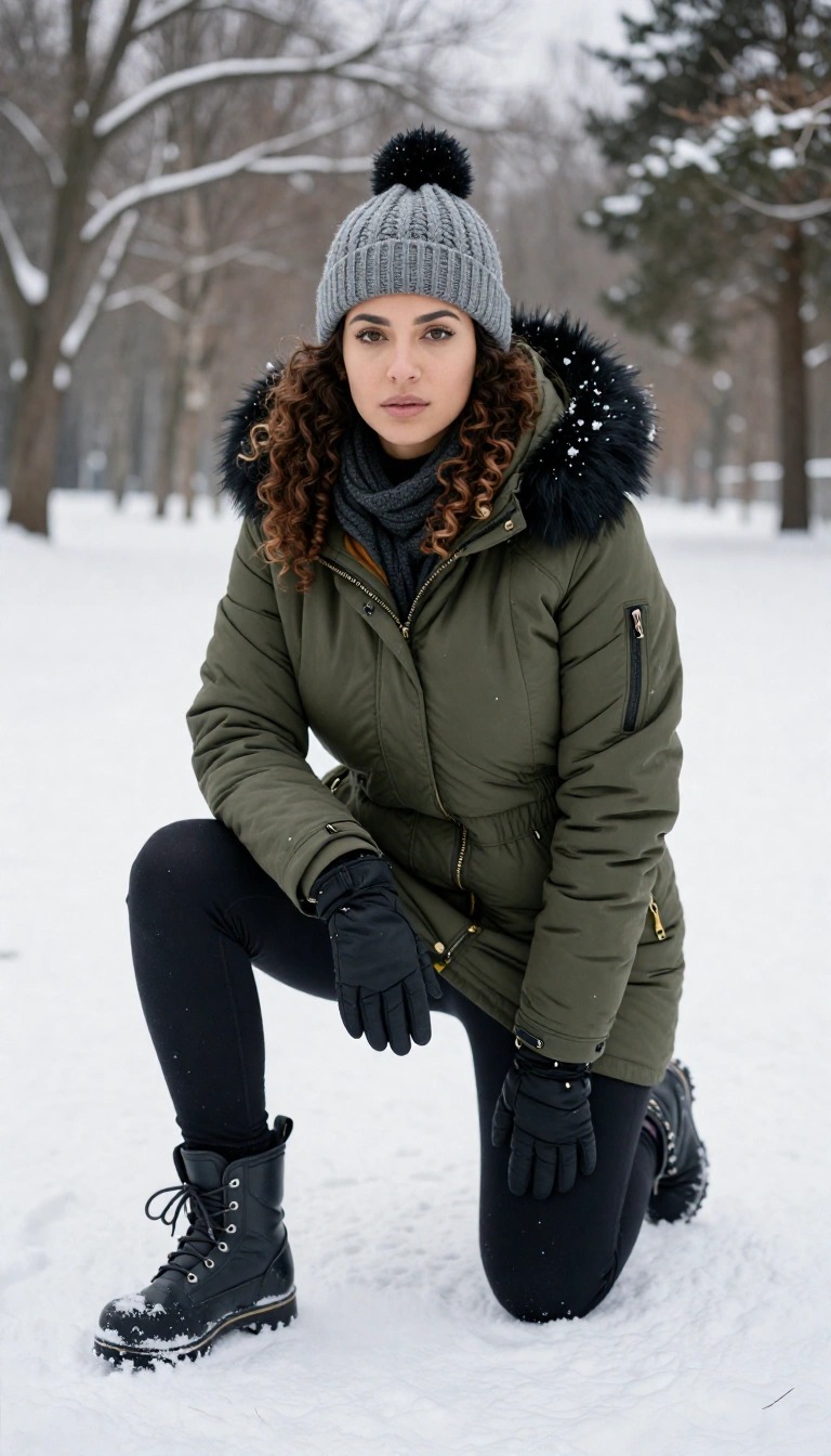 Donna in piedi in un paesaggio innevato che indossa un parka verde con cappuccio di pelliccia, berretto nero e guanti: suggerimenti su cosa indossare sulla neve.