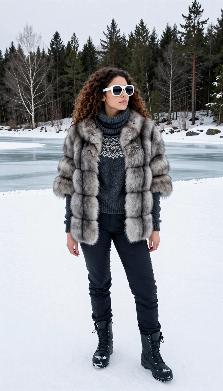 Donna che cammina in un bosco innevato indossando una pelliccia ecologica grigia, maglione norvegese e occhiali da sole bianchi: suggerimenti su cosa indossare sulla neve