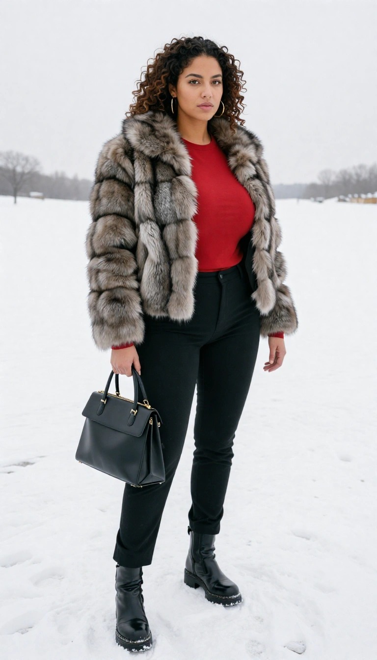 Donna sulla neve con una pelliccia ecologica grigia, maglia rossa accesa, pantaloni neri e borsa a mano nera: consigli su cosa indossare sulla neve.