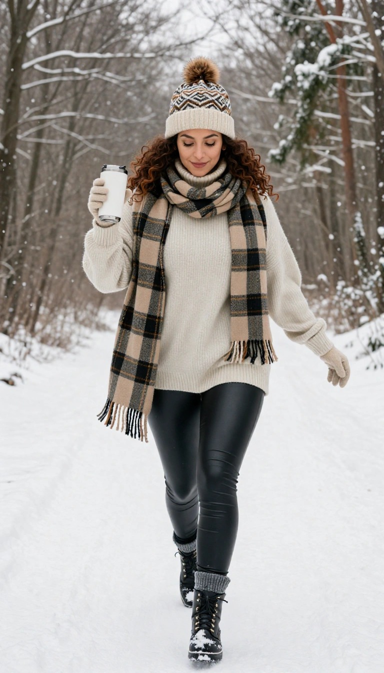 Donna nel bosco innevato con sciarpa a quadri, maglione beige e leggings lucidi: idee su cosa indossare sulla neve.