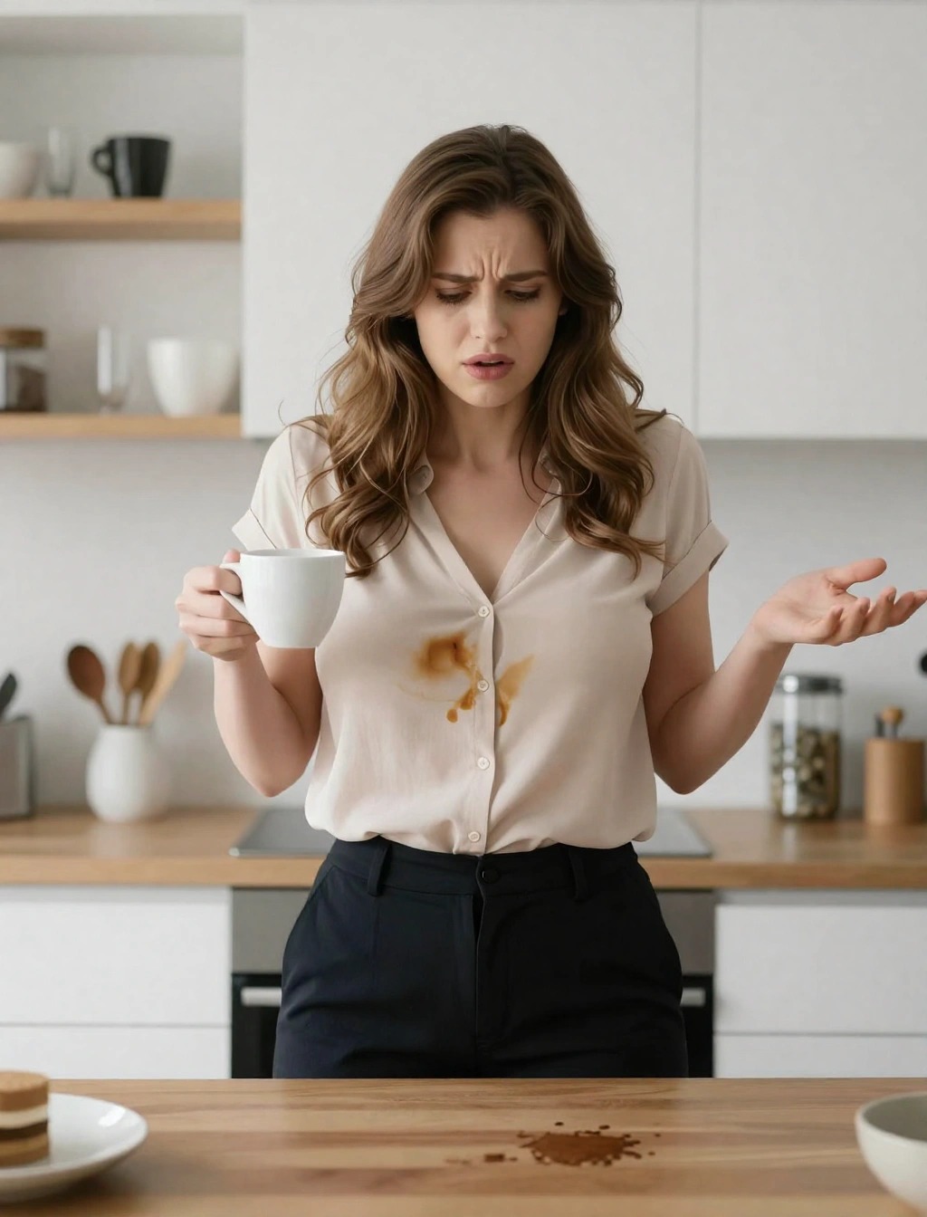 Donna goffa che si macchia di caffè in cucina, piccolo difetto quotidiano che fa sorridere il partner