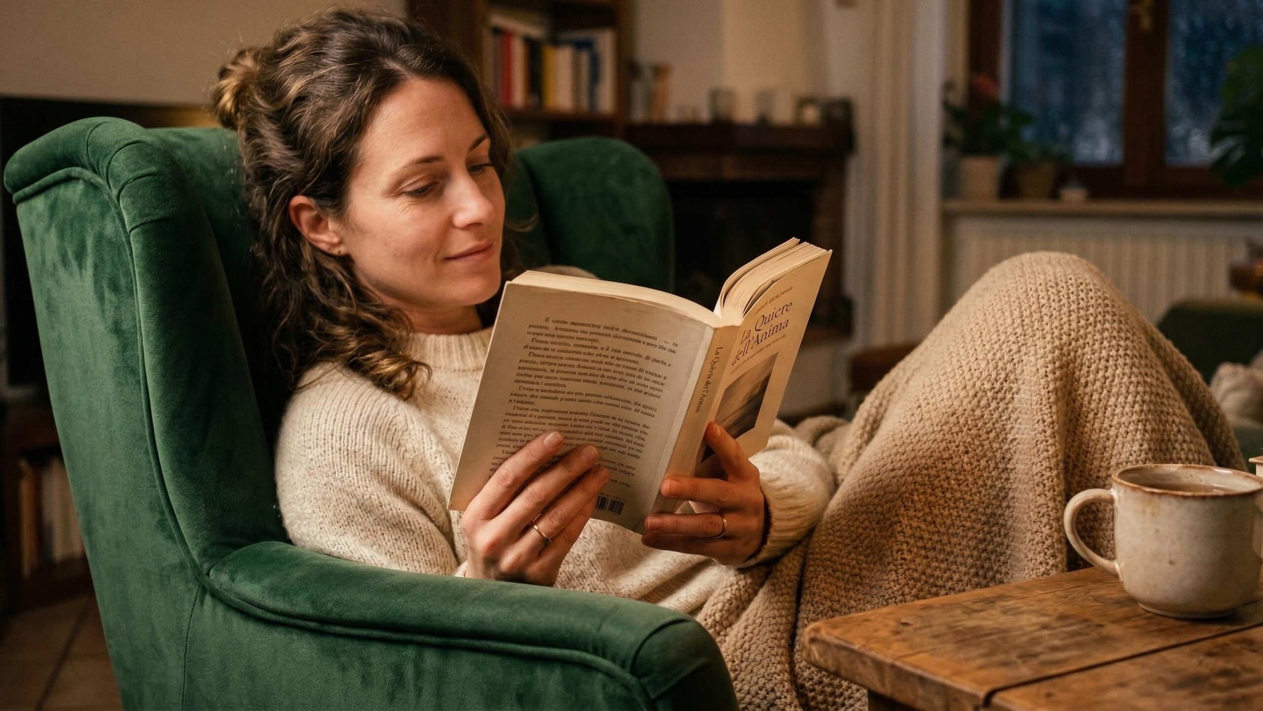 Una donna rilassata con capelli ricci legge un libro in un'accogliente poltrona di velluto verde. È coperta da una coperta a maglia, con una tazza e una pila di libri su un tavolo. Lo sfondo caldo mostra librerie.
