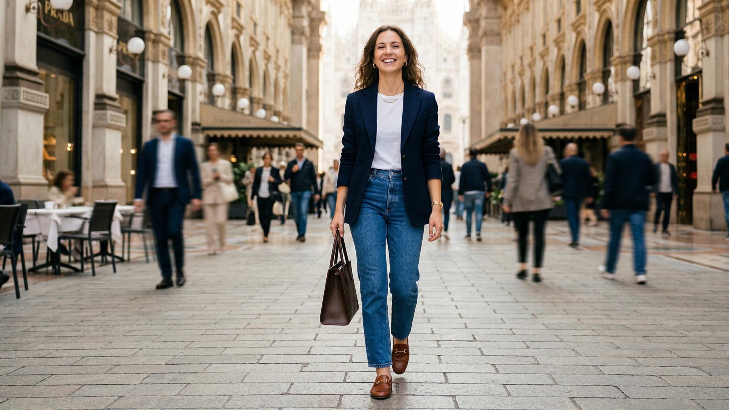 Come essere più bella: Segreti e Consigli per Splendere 7 Donna che cammina con postura corretta e sorriso smagliante, esempio di come la sicurezza renda più bella.