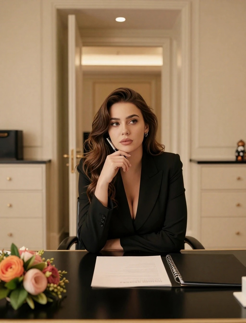 Donna in tailleur nero seduta alla scrivania che riflette con sguardo sicuro, simbolo di autenticità e autostima su cosa cercano gli uomini in una donna