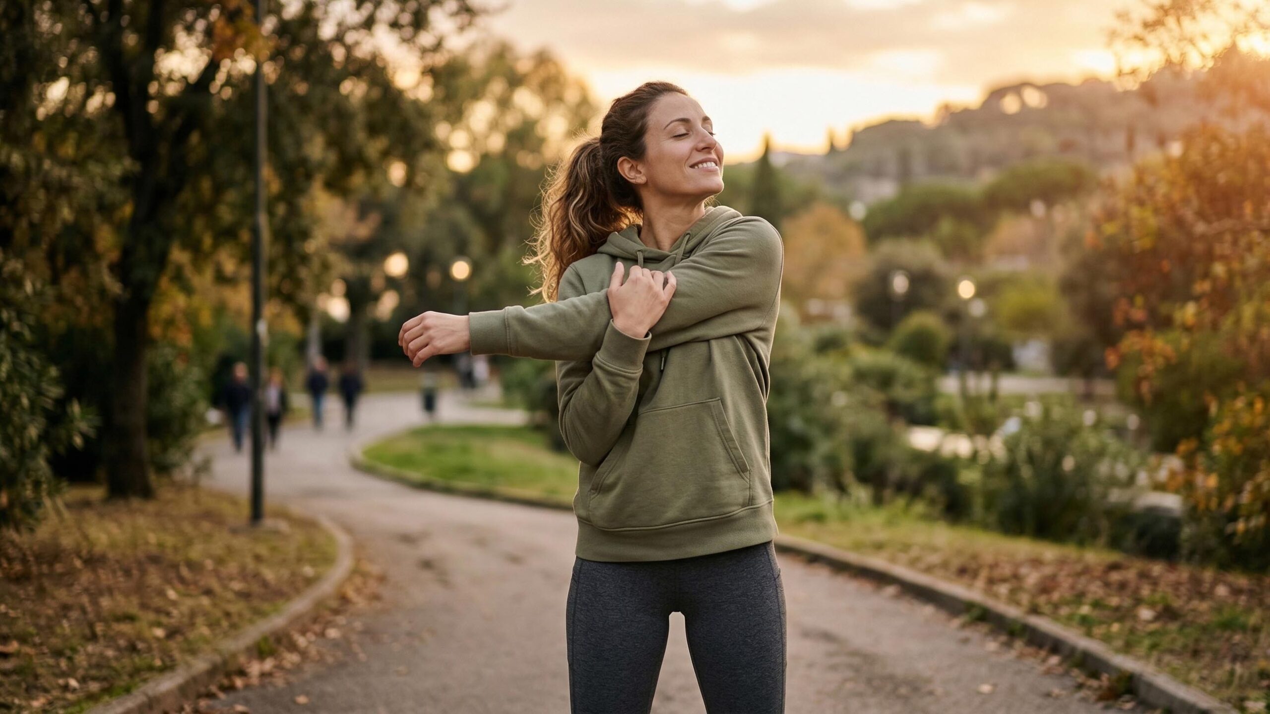 Una donna con capelli ricci, che indossa una felpa con cappuccio verde oliva e leggings grigi, fa stretching nel parco all'aperto al tramonto. Ha gli occhi chiusi e sorride, con un'espressione rilassata, mentre allunga il braccio destro sul petto. La calda luce del sole calante crea un bagliore dorato dietro di lei e tra gli alberi sullo sfondo. Altre persone sono sfocate che camminano sul sentiero.