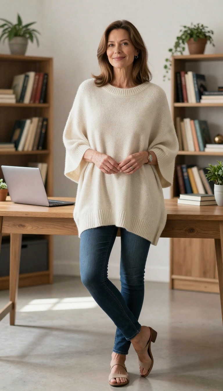 Donna di 50 anni con outfit casual chic, maxi maglia in maglia color panna, jeans skinny blu e sandali nude in uno studio moderno con scrivania e libri