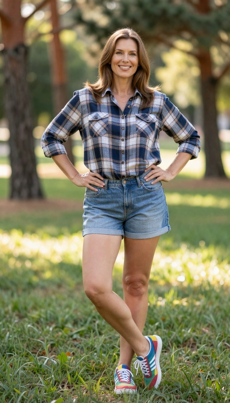 Donna di 50 anni con outfit casual, camicia a quadri blu, shorts di jeans e sneakers colorate mentre passeggia in un parco