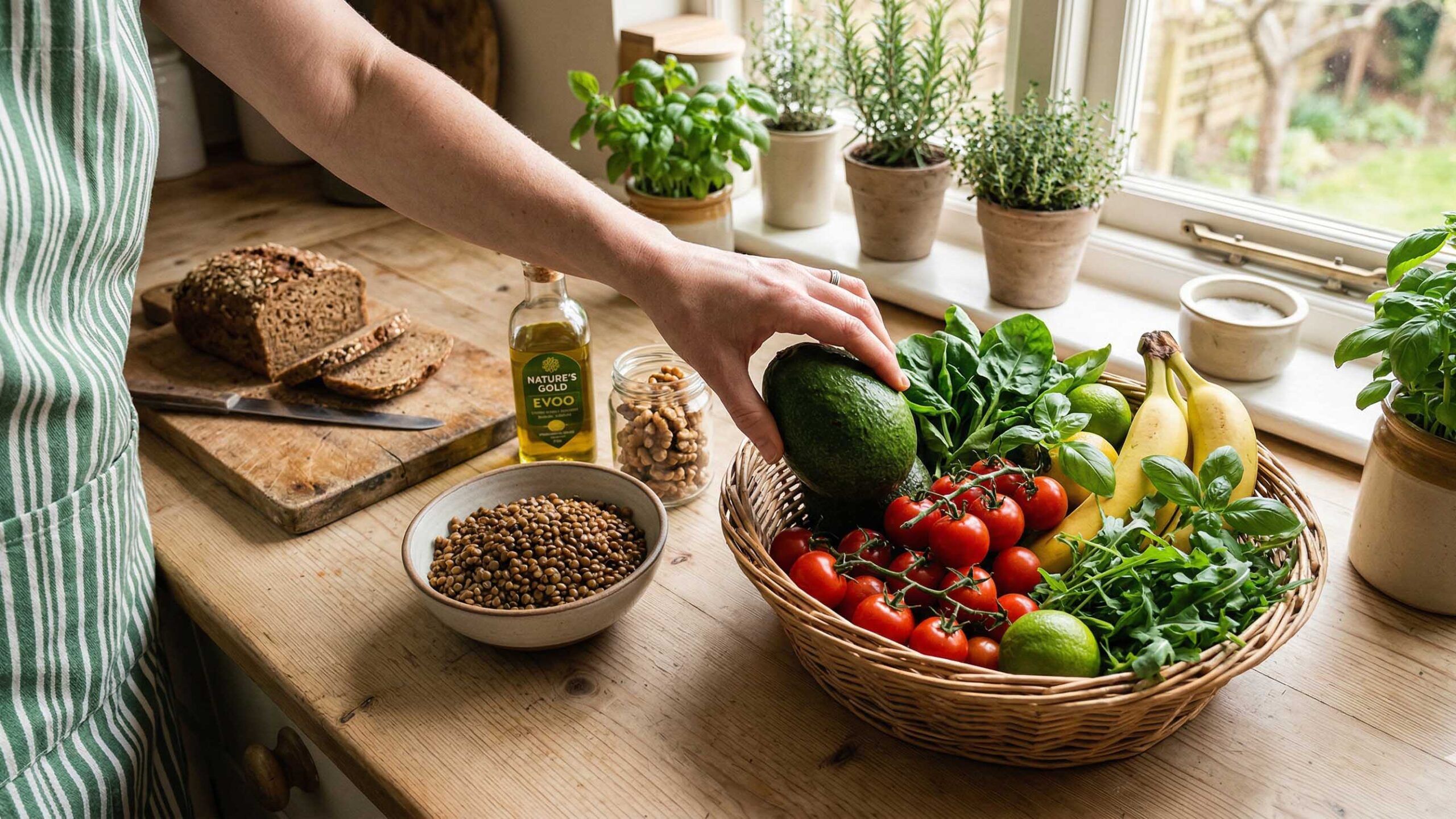 Una mano posiziona verdura fresca e avocado in un cesto di legno, ingredienti per la dieta DASH contro la pressione alta.
