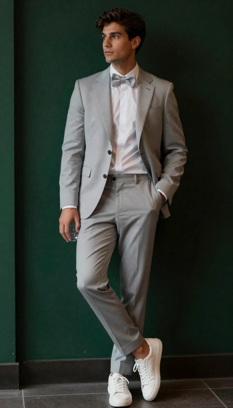 11 Outfit Ragazzo Festa 18 Anni: Idee e Look per la tua Festa 3 Ragazzo con completo grigio chiaro, papillon coordinato e sneakers bianche per un outfit da diciottesimo compleanno.